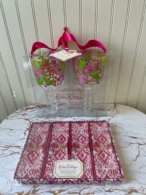 LILY PULITZER COVKTAIL NAPKIN SET & ACRYLIC WINE GLASS SET | NEW